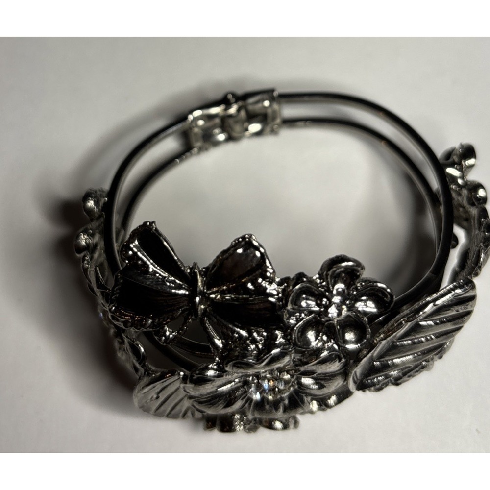 Silver Tone Butterfly Flower Leaf Rhinestone Hinged Clamper Bracelet Statement